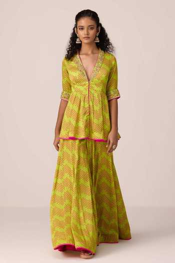 Shyam Narayan Prasad Green Satin, Modal V-neck Zardozi Embroidered Peplum Kurta And Sharara Set Online at Aza Fashions Shyam Narayan Prasad_Green Satin, Modal V-neck Zardozi Embroidered Peplum Kurta And Sharara Set _Online_at_Aza_Fashions