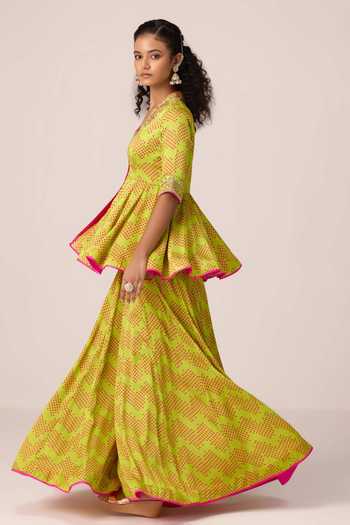 Shop Shyam Narayan Prasad Green Satin, Modal V-neck Zardozi Embroidered Peplum Kurta And Sharara Set Online at Aza Fashions Shop_Shyam Narayan Prasad_Green Satin, Modal V-neck Zardozi Embroidered Peplum Kurta And Sharara Set _Online_at_Aza_Fashions