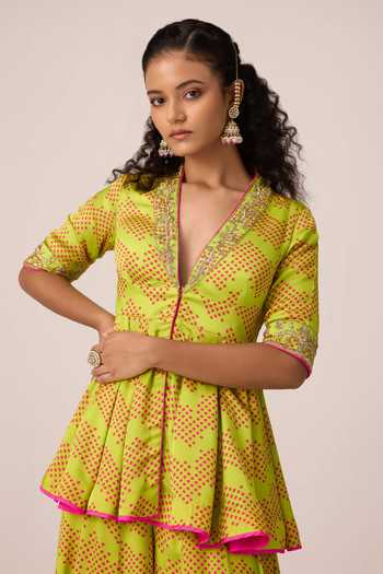 Shyam Narayan Prasad Green Satin, Modal V-neck Zardozi Embroidered Peplum Kurta And Sharara Set at Aza Fashions Shyam Narayan Prasad_Green Satin, Modal V-neck Zardozi Embroidered Peplum Kurta And Sharara Set _at_Aza_Fashions