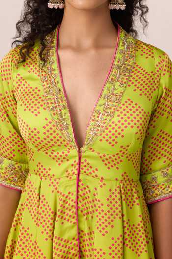 Buy Shyam Narayan Prasad Green Satin, Modal V-neck Zardozi Embroidered Peplum Kurta And Sharara Set Buy_Shyam Narayan Prasad_Green Satin, Modal V-neck Zardozi Embroidered Peplum Kurta And Sharara Set