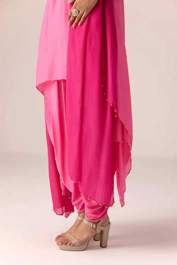 Shyam Narayan Prasad_Pink Organza, Chinon, Satin Round Neck Zardozi Embroidered Kurta Set _at_Aza_Fashions