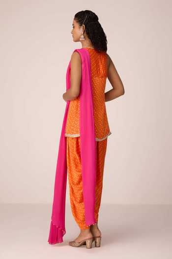 Shyam Narayan Prasad_Orange Satin, Modal, Chinon Halter Neck Zardozi Embroidered Kurta Set _Online_at_Aza_Fashions