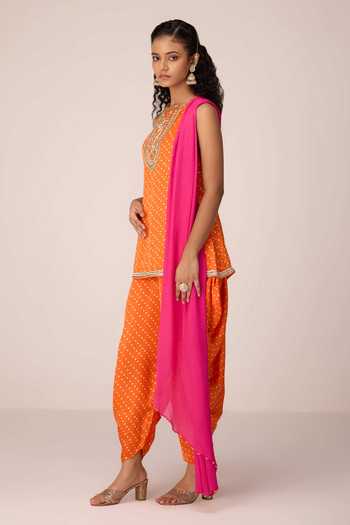 Buy_Shyam Narayan Prasad_Orange Satin, Modal, Chinon Halter Neck Zardozi Embroidered Kurta Set _Online_at_Aza_Fashions