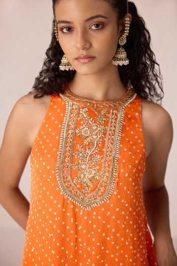 Shop_Shyam Narayan Prasad_Orange Satin, Modal, Chinon Halter Neck Zardozi Embroidered Kurta Set _Online_at_Aza_Fashions