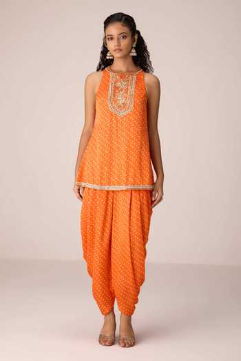 Shyam Narayan Prasad_Orange Satin, Modal, Chinon Halter Neck Zardozi Embroidered Kurta Set _at_Aza_Fashions