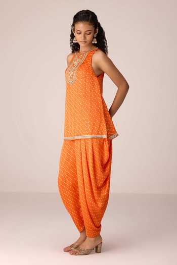 Shop_Shyam Narayan Prasad_Orange Satin, Modal, Chinon Halter Neck Zardozi Embroidered Kurta Set 
