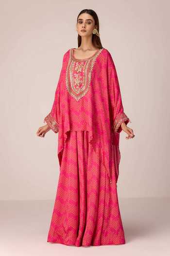 Shyam Narayan Prasad Pink Satin, Modal Scoop Neck Bandhani Print Kaftan And Skirt Set Online at Aza Fashions Shyam Narayan Prasad_Pink Satin, Modal Scoop Neck Bandhani Print Kaftan And Skirt Set _Online_at_Aza_Fashions