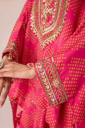 Shop Shyam Narayan Prasad Pink Satin, Modal Scoop Neck Bandhani Print Kaftan And Skirt Set Online at Aza Fashions Shop_Shyam Narayan Prasad_Pink Satin, Modal Scoop Neck Bandhani Print Kaftan And Skirt Set _Online_at_Aza_Fashions