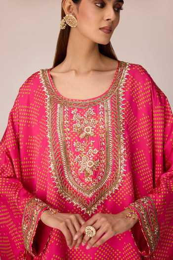 Shyam Narayan Prasad Pink Satin, Modal Scoop Neck Bandhani Print Kaftan And Skirt Set at Aza Fashions Shyam Narayan Prasad_Pink Satin, Modal Scoop Neck Bandhani Print Kaftan And Skirt Set _at_Aza_Fashions