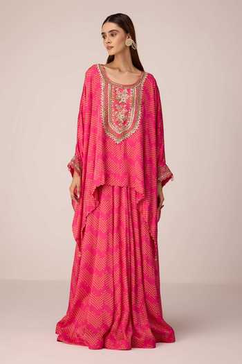 Buy Shyam Narayan Prasad Pink Satin, Modal Scoop Neck Bandhani Print Kaftan And Skirt Set Buy_Shyam Narayan Prasad_Pink Satin, Modal Scoop Neck Bandhani Print Kaftan And Skirt Set