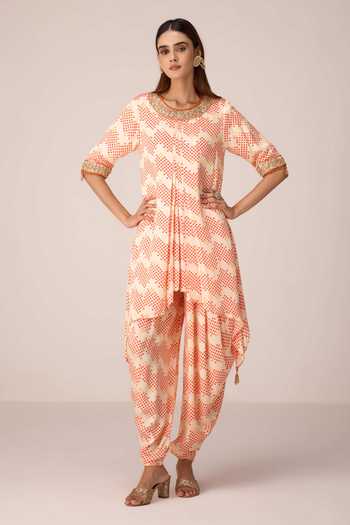 Shyam Narayan Prasad Ivory Satin, Modal Tassels Round Neck, Yes Bandhani Print Kurta And Dhoti Pant Set Online at Aza Fashions Shyam Narayan Prasad_Ivory Satin, Modal Tassels Round Neck, Yes Bandhani Print Kurta And Dhoti Pant Set _Online_at_Aza_Fashions