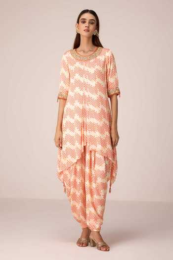 Buy Shyam Narayan Prasad Ivory Satin, Modal Tassels Round Neck, Yes Bandhani Print Kurta And Dhoti Pant Set Online at Aza Fashions Buy_Shyam Narayan Prasad_Ivory Satin, Modal Tassels Round Neck, Yes Bandhani Print Kurta And Dhoti Pant Set _Online_at_Aza_Fashions