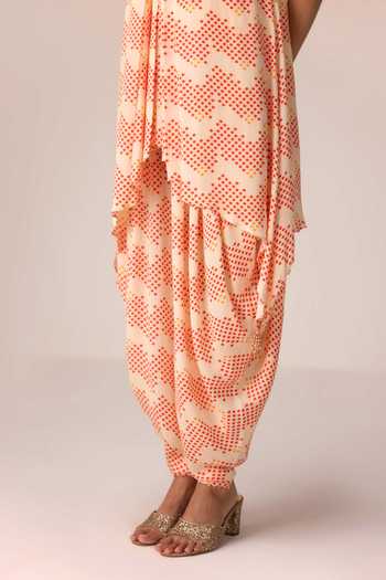 Shop Shyam Narayan Prasad Ivory Satin, Modal Tassels Round Neck, Yes Bandhani Print Kurta And Dhoti Pant Set Online at Aza Fashions Shop_Shyam Narayan Prasad_Ivory Satin, Modal Tassels Round Neck, Yes Bandhani Print Kurta And Dhoti Pant Set _Online_at_Aza_Fashions