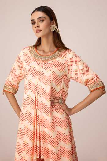 Buy Shyam Narayan Prasad Ivory Satin, Modal Tassels Round Neck, Yes Bandhani Print Kurta And Dhoti Pant Set Buy_Shyam Narayan Prasad_Ivory Satin, Modal Tassels Round Neck, Yes Bandhani Print Kurta And Dhoti Pant Set