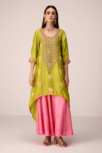 Shop Shyam Narayan Prasad Green Organza, Satin Embroidery Scoop Neck Zardozi Kurta And Palazzo Set Online at Aza Fashions Shop_Shyam Narayan Prasad_Green Organza, Satin Embroidery Scoop Neck Zardozi Kurta And Palazzo Set _Online_at_Aza_Fashions