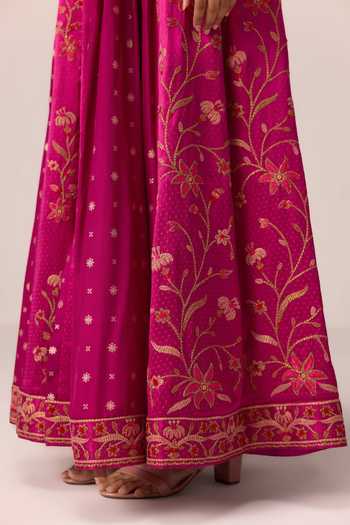 Shop Shyam Narayan Prasad Pink Silk, Organza, Brocade, Chinon Floral Embroidered Anarkali Pant Set Shop_Shyam Narayan Prasad_Pink Silk, Organza, Brocade, Chinon Floral Embroidered Anarkali Pant Set