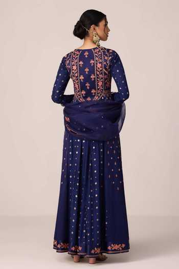 Shyam Narayan Prasad Blue Silk, Organza, Chinon Round Neck Floral Thread Embroidered Anarkali Set Online at Aza Fashions Shyam Narayan Prasad_Blue Silk, Organza, Chinon Round Neck Floral Thread Embroidered Anarkali Set _Online_at_Aza_Fashions