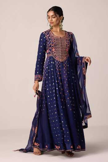 Buy Shyam Narayan Prasad Blue Silk, Organza, Chinon Round Neck Floral Thread Embroidered Anarkali Set Online at Aza Fashions Buy_Shyam Narayan Prasad_Blue Silk, Organza, Chinon Round Neck Floral Thread Embroidered Anarkali Set _Online_at_Aza_Fashions