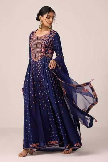 Shop Shyam Narayan Prasad Blue Silk, Organza, Chinon Round Neck Floral Thread Embroidered Anarkali Set Online at Aza Fashions Shop_Shyam Narayan Prasad_Blue Silk, Organza, Chinon Round Neck Floral Thread Embroidered Anarkali Set _Online_at_Aza_Fashions
