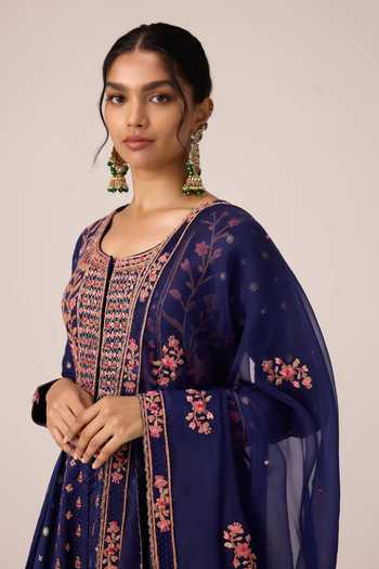 Shyam Narayan Prasad Blue Silk, Organza, Chinon Round Neck Floral Thread Embroidered Anarkali Set at Aza Fashions Shyam Narayan Prasad_Blue Silk, Organza, Chinon Round Neck Floral Thread Embroidered Anarkali Set _at_Aza_Fashions