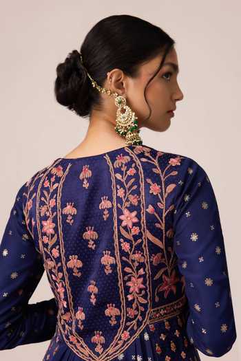 Buy Shyam Narayan Prasad Blue Silk, Organza, Chinon Round Neck Floral Thread Embroidered Anarkali Set Buy_Shyam Narayan Prasad_Blue Silk, Organza, Chinon Round Neck Floral Thread Embroidered Anarkali Set
