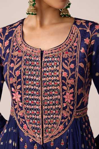 Shop Shyam Narayan Prasad Blue Silk, Organza, Chinon Round Neck Floral Thread Embroidered Anarkali Set Shop_Shyam Narayan Prasad_Blue Silk, Organza, Chinon Round Neck Floral Thread Embroidered Anarkali Set