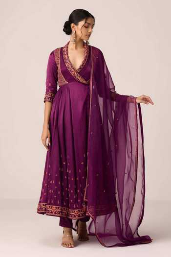 Shop Shyam Narayan Prasad Wine Silk, Organza, Chinon, Brocade Thread Embroidered Angarkha Anarkali Set Online at Aza Fashions Shop_Shyam Narayan Prasad_Wine Silk, Organza, Chinon, Brocade Thread Embroidered Angarkha Anarkali Set _Online_at_Aza_Fashions