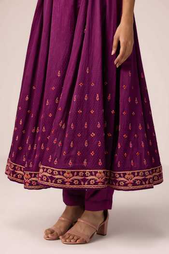 Buy Shyam Narayan Prasad Wine Silk, Organza, Chinon, Brocade Thread Embroidered Angarkha Anarkali Set Buy_Shyam Narayan Prasad_Wine Silk, Organza, Chinon, Brocade Thread Embroidered Angarkha Anarkali Set