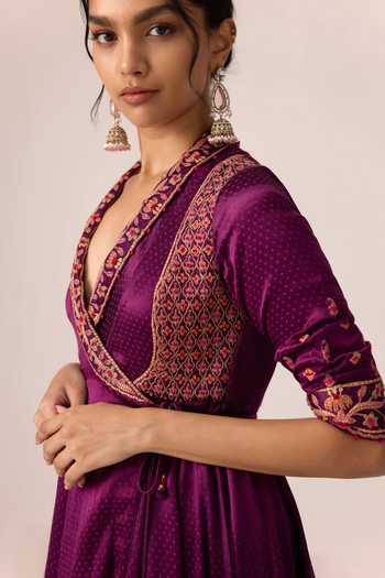 Shop Shyam Narayan Prasad Wine Silk, Organza, Chinon, Brocade Thread Embroidered Angarkha Anarkali Set Shop_Shyam Narayan Prasad_Wine Silk, Organza, Chinon, Brocade Thread Embroidered Angarkha Anarkali Set