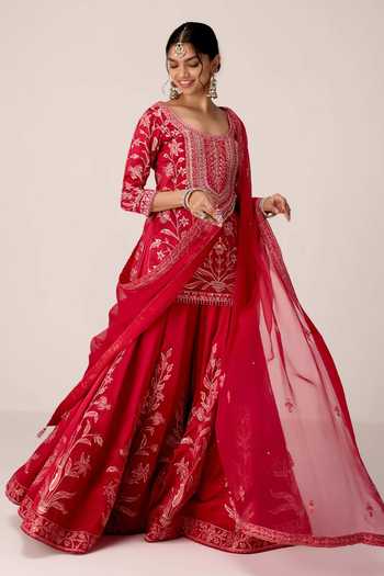 Buy Shyam Narayan Prasad Red Silk, Organza, Chinon Scoop Neck Floral Embroidered Kurta Sharara Set Online at Aza Fashions Buy_Shyam Narayan Prasad_Red Silk, Organza, Chinon Scoop Neck Floral Embroidered Kurta Sharara Set _Online_at_Aza_Fashions