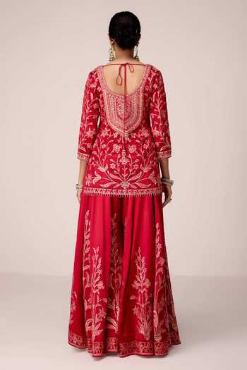 Shop Shyam Narayan Prasad Red Silk, Organza, Chinon Scoop Neck Floral Embroidered Kurta Sharara Set Online at Aza Fashions Shop_Shyam Narayan Prasad_Red Silk, Organza, Chinon Scoop Neck Floral Embroidered Kurta Sharara Set _Online_at_Aza_Fashions