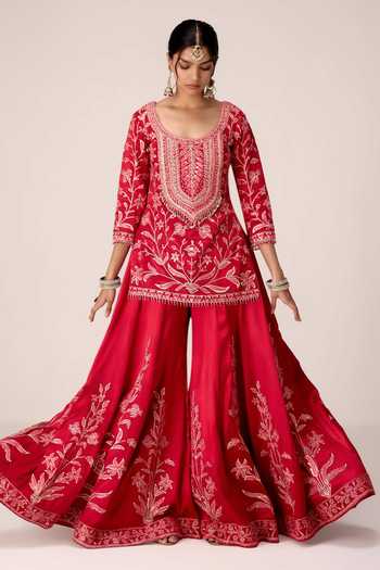 Shyam Narayan Prasad Red Silk, Organza, Chinon Scoop Neck Floral Embroidered Kurta Sharara Set at Aza Fashions Shyam Narayan Prasad_Red Silk, Organza, Chinon Scoop Neck Floral Embroidered Kurta Sharara Set _at_Aza_Fashions
