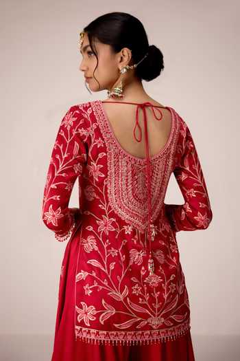 Buy Shyam Narayan Prasad Red Silk, Organza, Chinon Scoop Neck Floral Embroidered Kurta Sharara Set Buy_Shyam Narayan Prasad_Red Silk, Organza, Chinon Scoop Neck Floral Embroidered Kurta Sharara Set