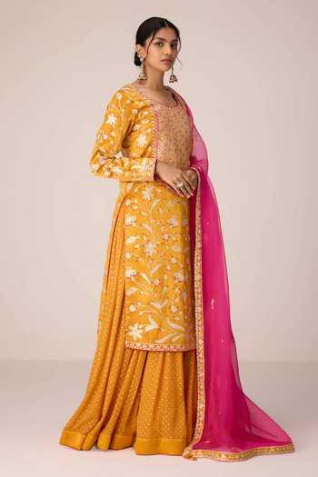 Shyam Narayan Prasad Yellow , Organza, Chinon Scoop Neck Gota Embroidered Kurta Skirt Set Online at Aza Fashions Shyam Narayan Prasad_Yellow , Organza, Chinon Scoop Neck Gota Embroidered Kurta Skirt Set _Online_at_Aza_Fashions