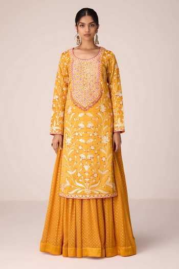 Shop Shyam Narayan Prasad Yellow , Organza, Chinon Scoop Neck Gota Embroidered Kurta Skirt Set Online at Aza Fashions Shop_Shyam Narayan Prasad_Yellow , Organza, Chinon Scoop Neck Gota Embroidered Kurta Skirt Set _Online_at_Aza_Fashions