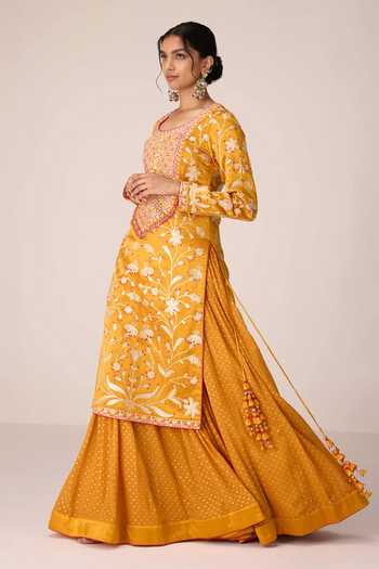 Shyam Narayan Prasad Yellow , Organza, Chinon Scoop Neck Gota Embroidered Kurta Skirt Set at Aza Fashions Shyam Narayan Prasad_Yellow , Organza, Chinon Scoop Neck Gota Embroidered Kurta Skirt Set _at_Aza_Fashions