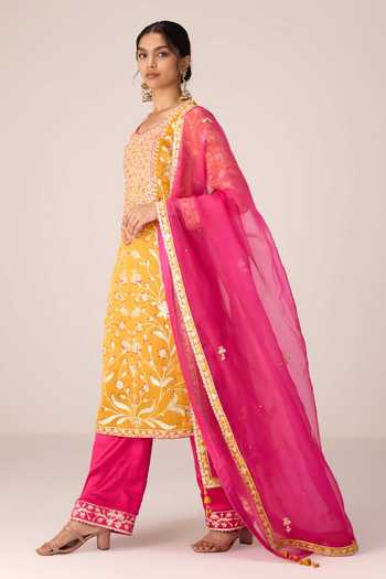 Shop Shyam Narayan Prasad Yellow , Organza Round Neck Gota Embroidered Kurta Set Online at Aza Fashions Shop_Shyam Narayan Prasad_Yellow , Organza Round Neck Gota Embroidered Kurta Set _Online_at_Aza_Fashions