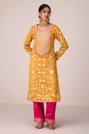 Shyam Narayan Prasad Yellow , Organza Round Neck Gota Embroidered Kurta Set at Aza Fashions Shyam Narayan Prasad_Yellow , Organza Round Neck Gota Embroidered Kurta Set _at_Aza_Fashions
