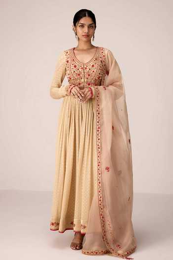 Shyam Narayan Prasad Ivory Silk, Organza, Chinon V-neck Dori Embroidered Anarkali Set Online at Aza Fashions Shyam Narayan Prasad_Ivory Silk, Organza, Chinon V-neck Dori Embroidered Anarkali Set _Online_at_Aza_Fashions
