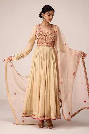 Shop Shyam Narayan Prasad Ivory Silk, Organza, Chinon V-neck Dori Embroidered Anarkali Set Online at Aza Fashions Shop_Shyam Narayan Prasad_Ivory Silk, Organza, Chinon V-neck Dori Embroidered Anarkali Set _Online_at_Aza_Fashions