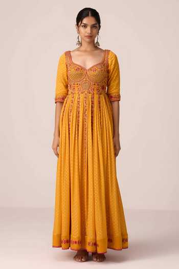 Shop Shyam Narayan Prasad Yellow Silk, Organza, Chinon, Brocade Placement Embroidered Anarkali Set Online at Aza Fashions Shop_Shyam Narayan Prasad_Yellow Silk, Organza, Chinon, Brocade Placement Embroidered Anarkali Set _Online_at_Aza_Fashions