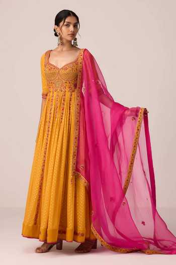 Shyam Narayan Prasad Yellow Silk, Organza, Chinon, Brocade Placement Embroidered Anarkali Set at Aza Fashions Shyam Narayan Prasad_Yellow Silk, Organza, Chinon, Brocade Placement Embroidered Anarkali Set _at_Aza_Fashions