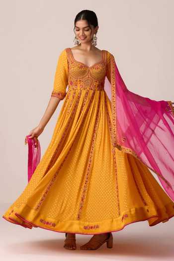 Shop Shyam Narayan Prasad Yellow Silk, Organza, Chinon, Brocade Placement Embroidered Anarkali Set Shop_Shyam Narayan Prasad_Yellow Silk, Organza, Chinon, Brocade Placement Embroidered Anarkali Set