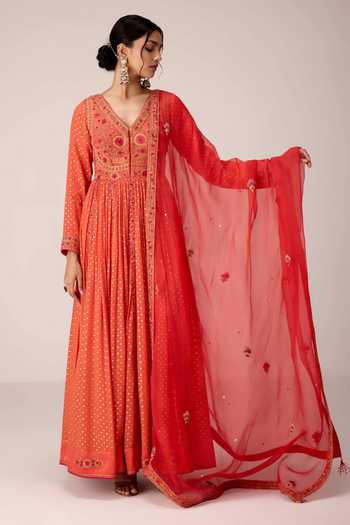 Buy Shyam Narayan Prasad Orange Silk, Organza, Chinon V-neck Yoke Embroidered Anarkali Set Online at Aza Fashions Buy_Shyam Narayan Prasad_Orange Silk, Organza, Chinon V-neck Yoke Embroidered Anarkali Set _Online_at_Aza_Fashions