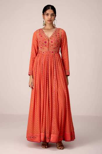 Shop Shyam Narayan Prasad Orange Silk, Organza, Chinon V-neck Yoke Embroidered Anarkali Set Online at Aza Fashions Shop_Shyam Narayan Prasad_Orange Silk, Organza, Chinon V-neck Yoke Embroidered Anarkali Set _Online_at_Aza_Fashions
