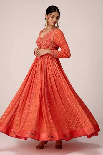 Shyam Narayan Prasad Orange Silk, Organza, Chinon V-neck Yoke Embroidered Anarkali Set at Aza Fashions Shyam Narayan Prasad_Orange Silk, Organza, Chinon V-neck Yoke Embroidered Anarkali Set _at_Aza_Fashions
