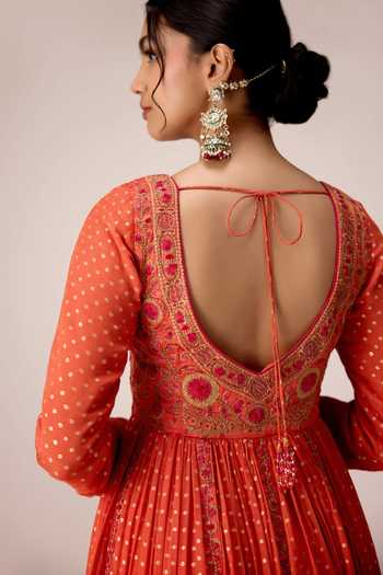 Shop Shyam Narayan Prasad Orange Silk, Organza, Chinon V-neck Yoke Embroidered Anarkali Set Shop_Shyam Narayan Prasad_Orange Silk, Organza, Chinon V-neck Yoke Embroidered Anarkali Set