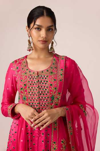 Shop Shyam Narayan Prasad Pink Silk, Organza, Brocade, Chinon Scoop Neck Thread Embroidered Anarkali Set Shop_Shyam Narayan Prasad_Pink Silk, Organza, Brocade, Chinon Scoop Neck Thread Embroidered Anarkali Set