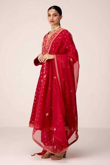 Shyam Narayan Prasad Maroon , Brocade, Organza V-neck Dori Embroidered Kurta Set Online at Aza Fashions Shyam Narayan Prasad_Maroon , Brocade, Organza V-neck Dori Embroidered Kurta Set _Online_at_Aza_Fashions