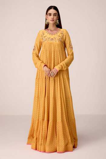 Shyam Narayan Prasad Yellow Silk, Organza, Viscose, Chinon Round Zardozi Embroidered Anarkali Set Online at Aza Fashions Shyam Narayan Prasad_Yellow Silk, Organza, Viscose, Chinon Round Zardozi Embroidered Anarkali Set _Online_at_Aza_Fashions